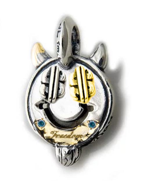 BWL- C367C Happy Face With Horns and Beard Charm w 18K Gold Overlay w Silver Part Dollar Sign 18K Part Dollar Sign w Freedom Stamp w 2mm Blue Zircon Stone4