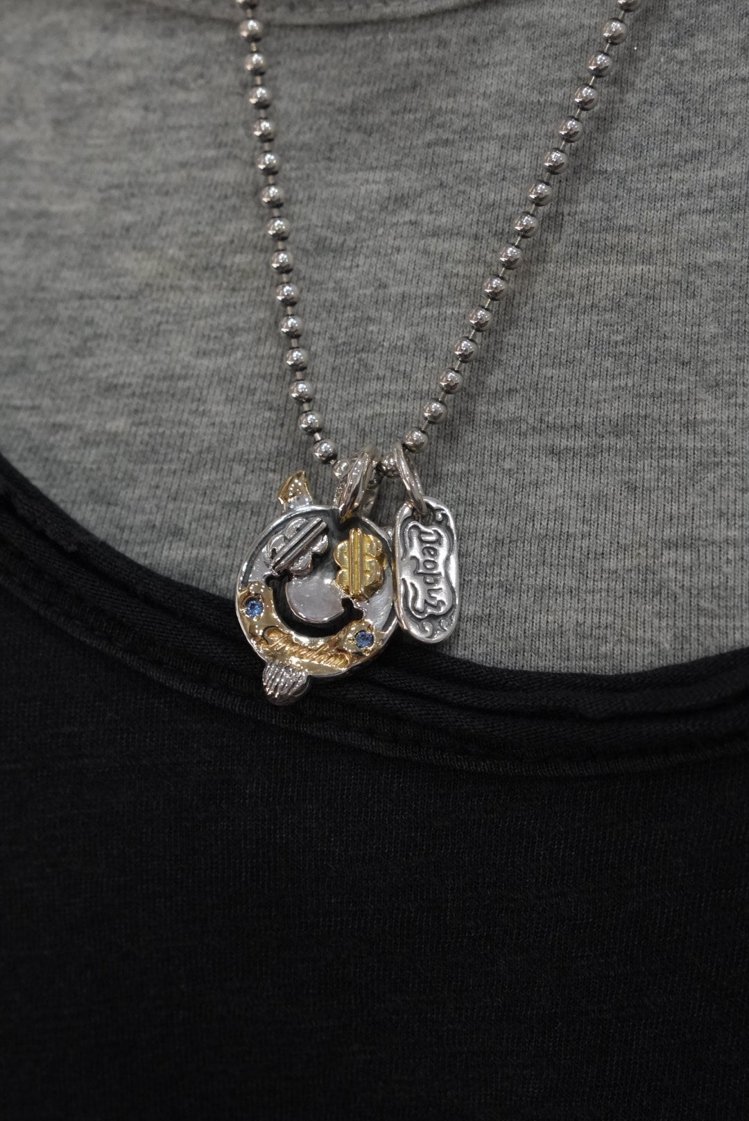 BWL- C367C Happy Face With Horns and Beard Charm w 18K Gold Overlay w Silver Part Dollar Sign 18K Part Dollar Sign w Freedom Stamp w 2mm Blue Zircon Stone6