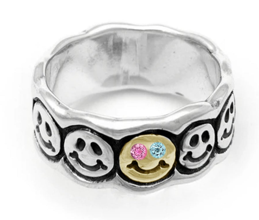 BWL- *Custom Made* R414 Happy Face Ring w/1 Spot Gold Overlay w/2mm Stone Pink Tourmaline w/2mm Stone Aquamarine_1