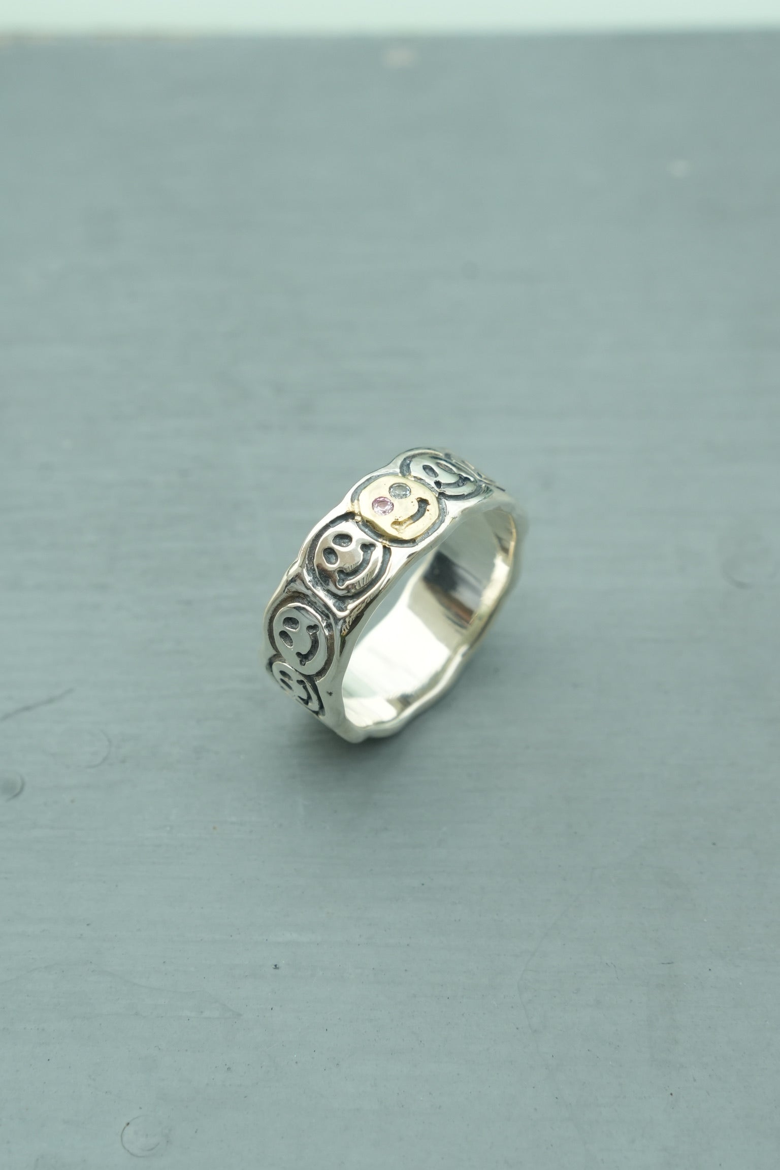 BWL- *Custom Made* R414 Happy Face Ring w/1 Spot Gold Overlay w/2mm Stone Pink Tourmaline w/2mm Stone Aquamarine_2