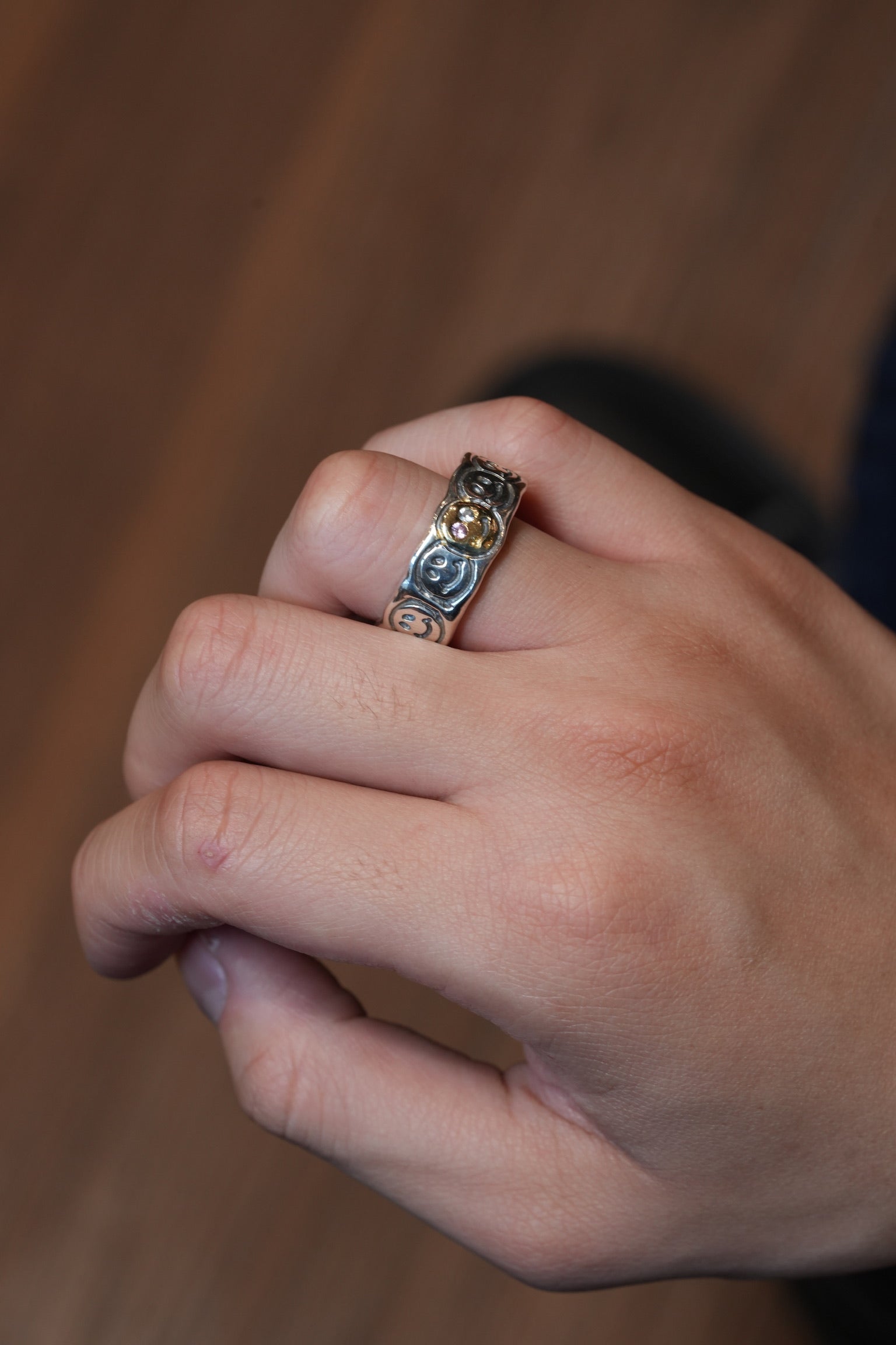 BWL- *Custom Made* R414 Happy Face Ring w/1 Spot Gold Overlay w/2mm Stone Pink Tourmaline w/2mm Stone Aquamarine_4