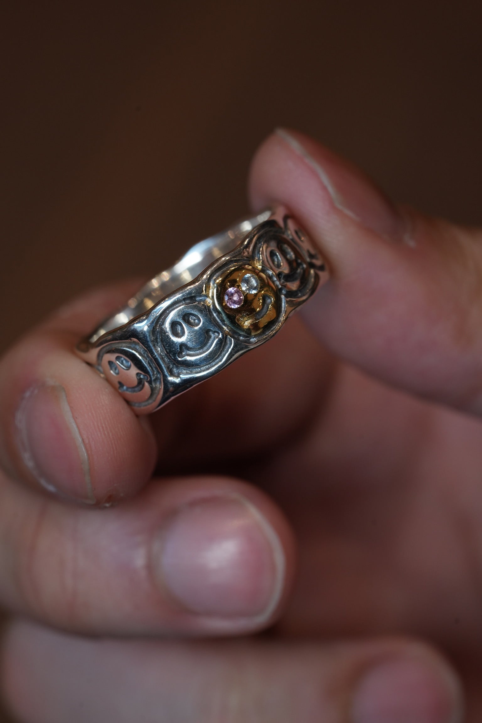 BWL- *Custom Made* R414 Happy Face Ring w/1 Spot Gold Overlay w/2mm Stone Pink Tourmaline w/2mm Stone Aquamarine_5