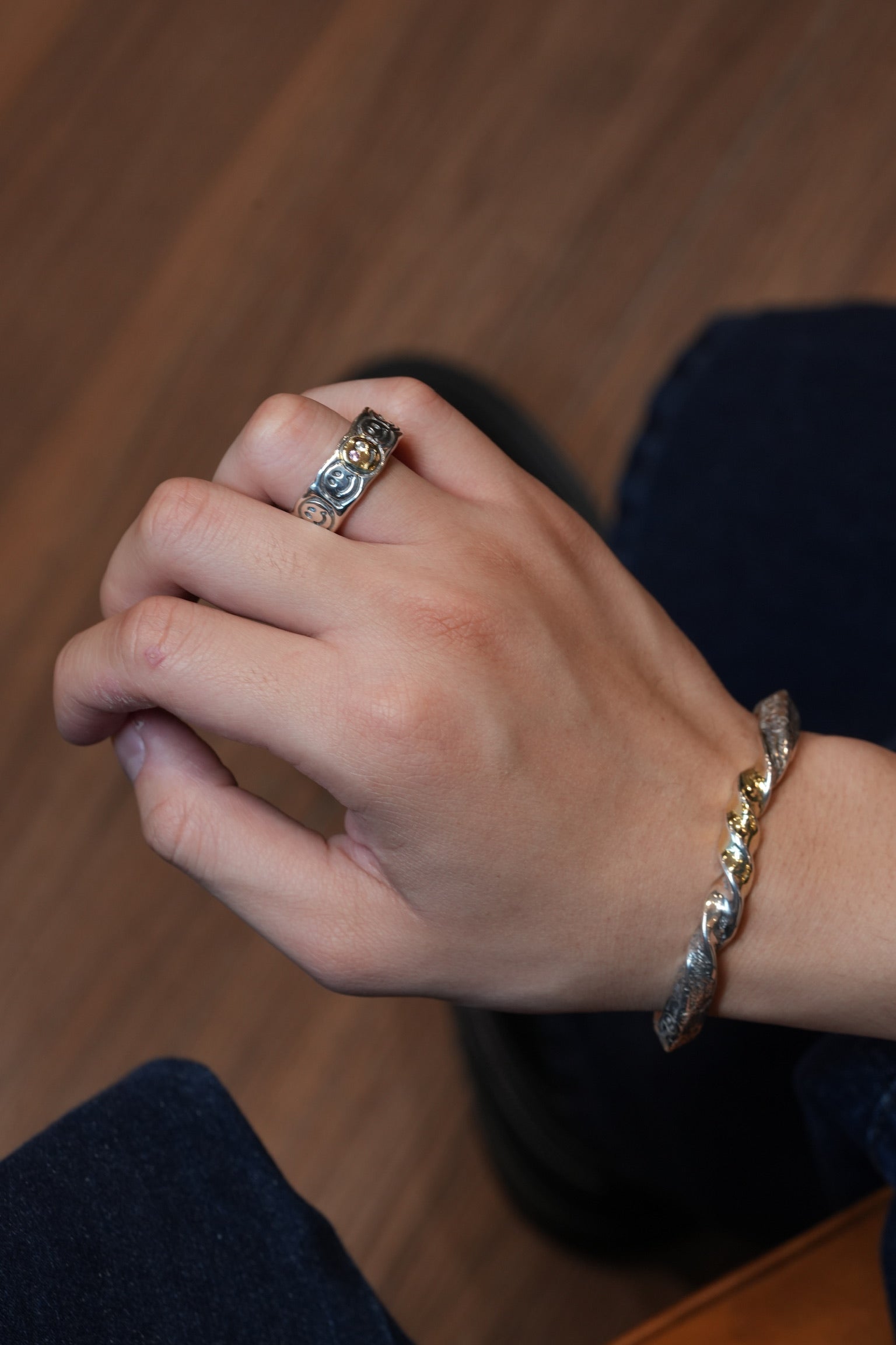 BWL- *Custom Made* R414 Happy Face Ring w/1 Spot Gold Overlay w/2mm Stone Pink Tourmaline w/2mm Stone Aquamarine_6