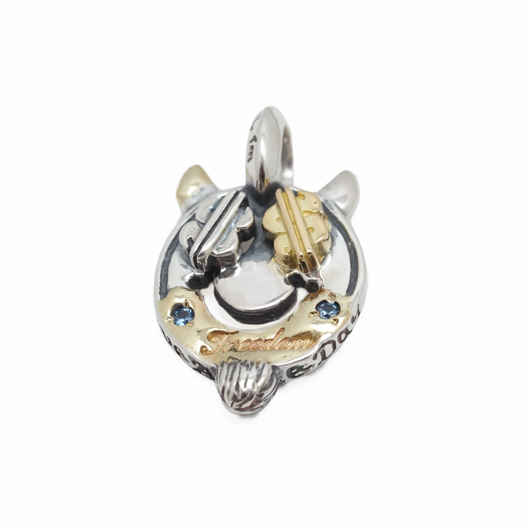 BWL- C367C Happy Face With Horns and Beard Charm w 18K Gold Overlay w Silver Part Dollar Sign 18K Part Dollar Sign w Freedom Stamp w 2mm Blue Zircon Stone1