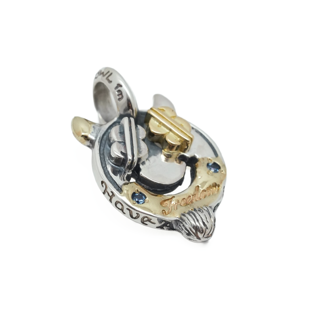 BWL- C367C Happy Face With Horns and Beard Charm w 18K Gold Overlay w Silver Part Dollar Sign 18K Part Dollar Sign w Freedom Stamp w 2mm Blue Zircon Stone2