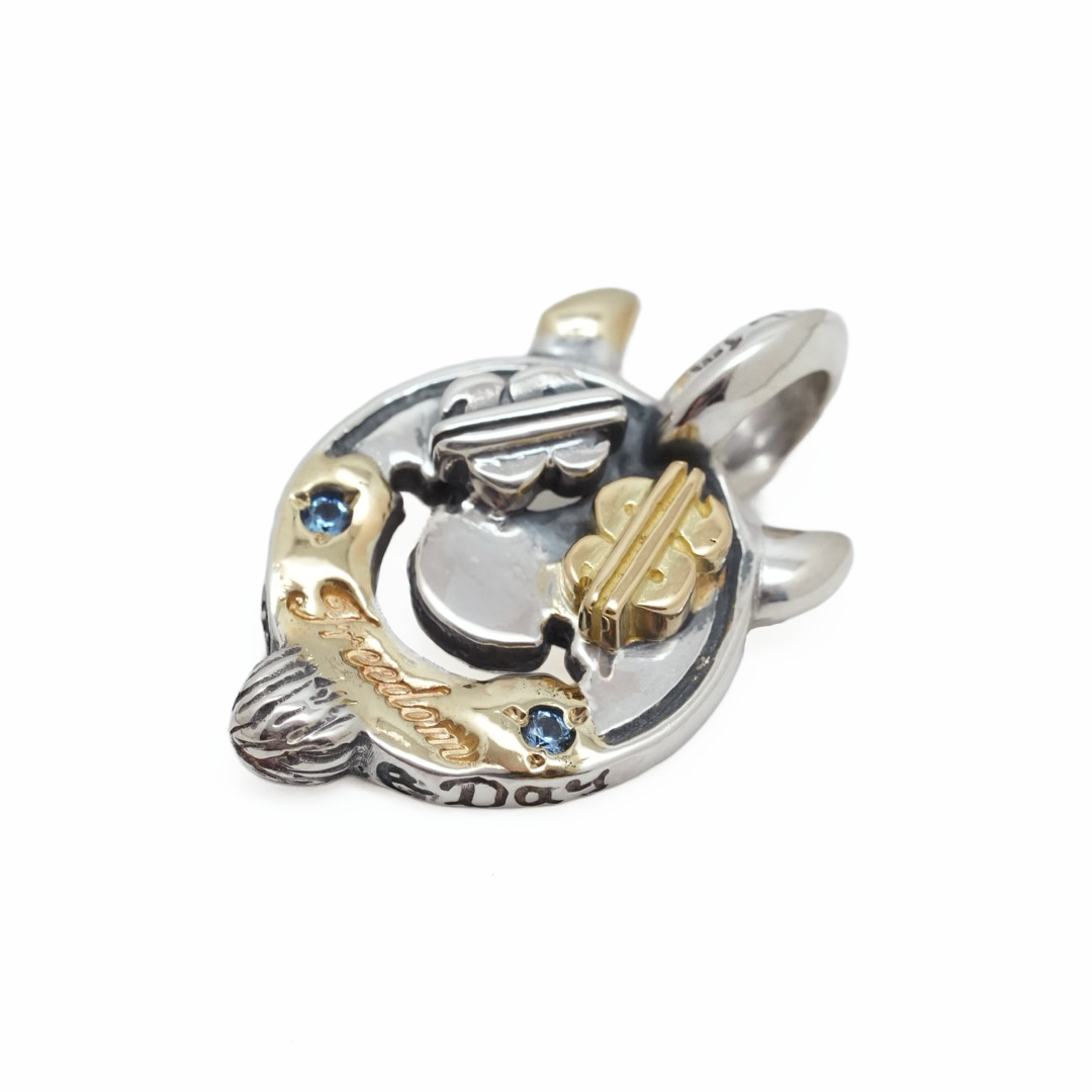 BWL- C367C Happy Face With Horns and Beard Charm w 18K Gold Overlay w Silver Part Dollar Sign 18K Part Dollar Sign w Freedom Stamp w 2mm Blue Zircon Stone3