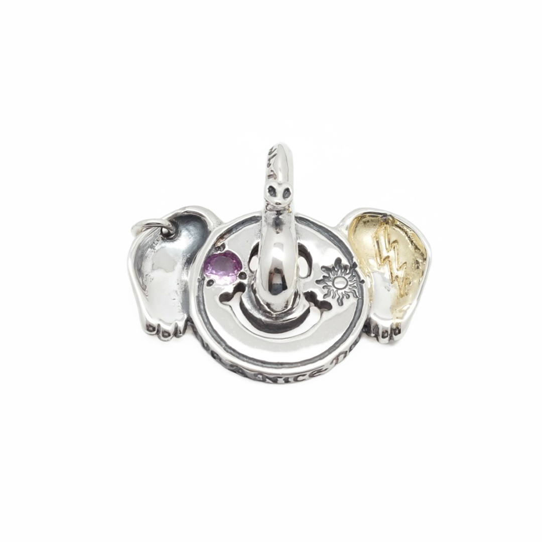 BWL - C390C Elephant Happy Face Charm  w 18K Gold Overlay w 4mm Pink Tourmaline Stone w Stamp Sun w Silver Circle1
