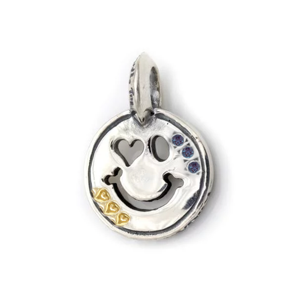 [Pre - Order]*Custom Made* C370C Happy Face With Heart Eye Charm w/18K Gold Overlay w/2mm Stone Aquamarine  w/Tiny Heart Stamp
