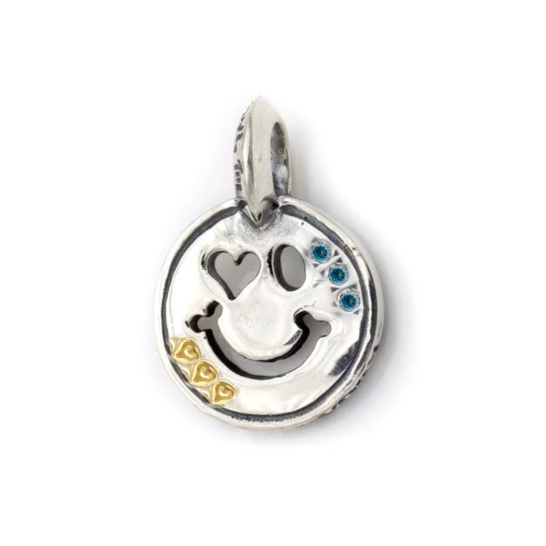 [Pre - Order]*Custom Made* C370C Happy Face With Heart Eye Charm w/18K Gold Overlay w/2mm Stone Aquamarine  w/Tiny Heart Stamp