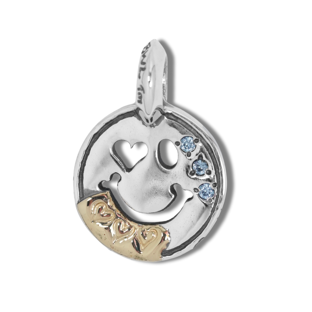 Bill Wall Leather - *Custom Made* C370C Happy Face With Heart Eye Charm w/18K Gold Overlay w/2mm Stone Aquamarine  w/Tiny Heart Stamp 1