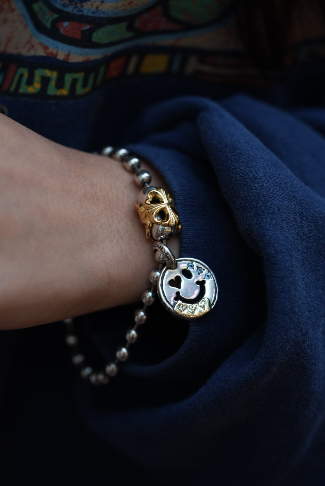 Bill Wall Leather - *Custom Made* C370C Happy Face With Heart Eye Charm w/18K Gold Overlay w/2mm Stone Aquamarine  w/Tiny Heart Stamp 2