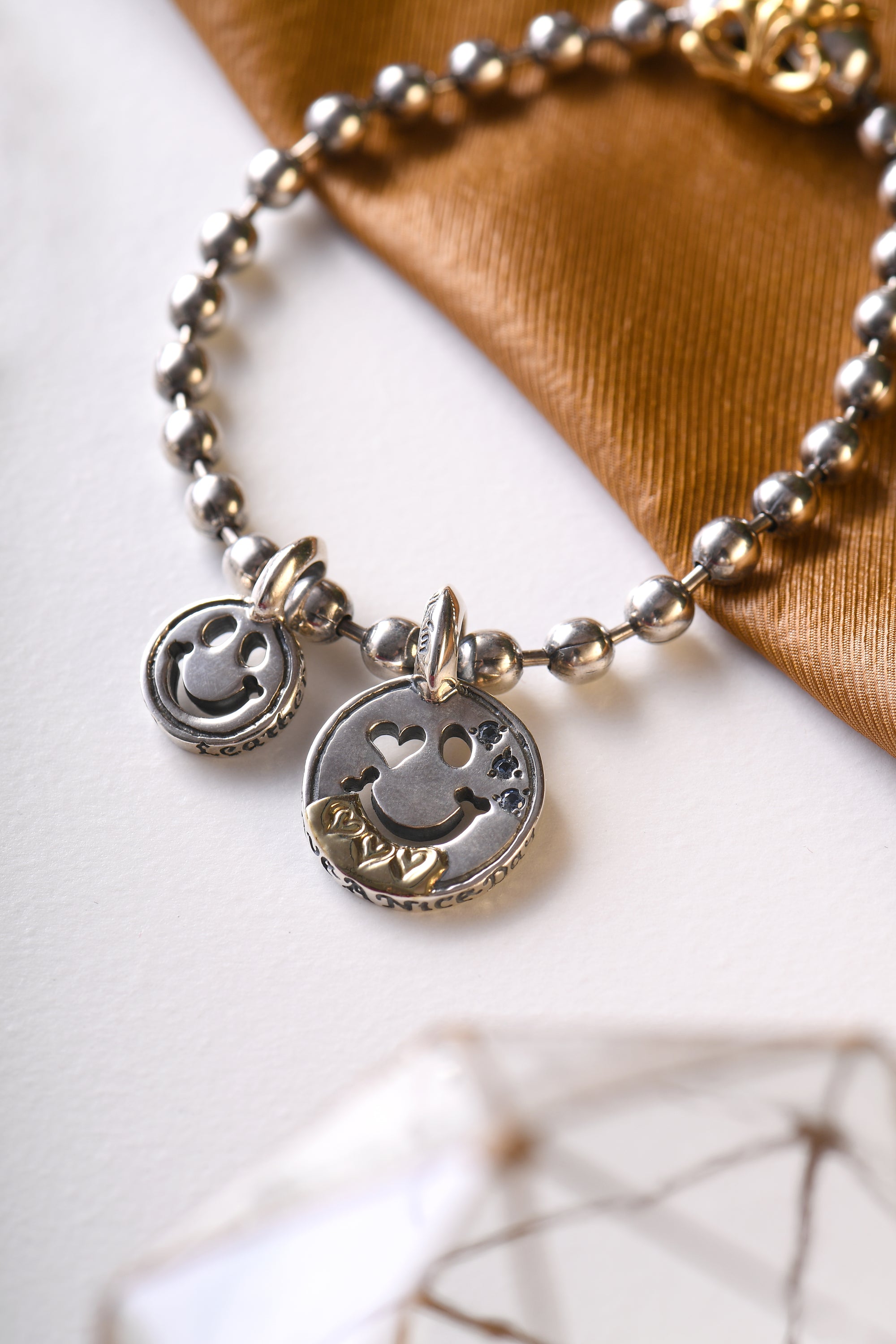 Bill Wall Leather - *Custom Made* C370C Happy Face With Heart Eye Charm w/18K Gold Overlay w/2mm Stone Aquamarine  w/Tiny Heart Stamp 4