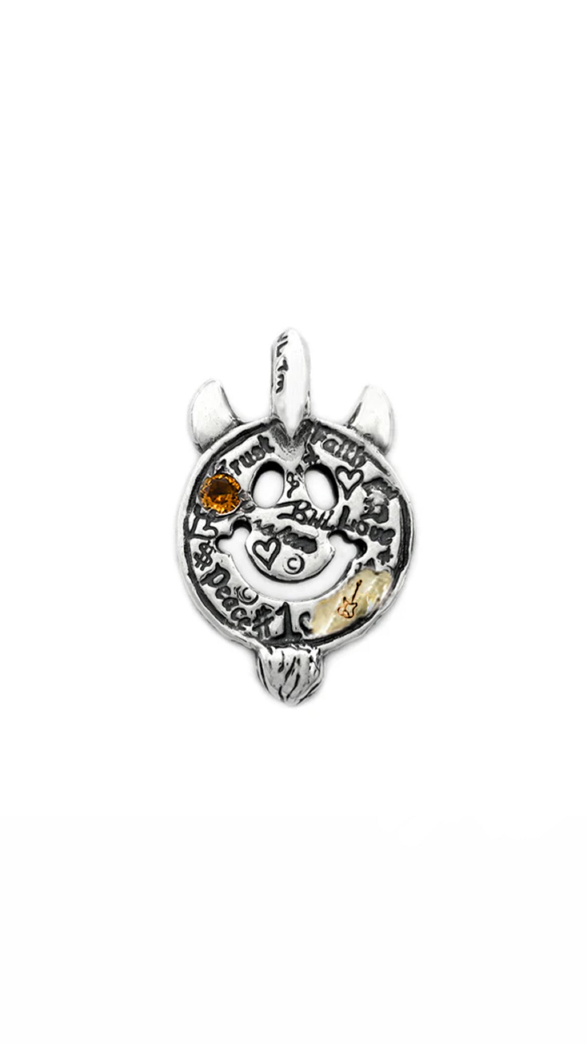 Bill Wall Leather *Custom Made* C367GRC Graffiti Happy Face with Horns and Beard Charm w/4mm Stone Orange w/18K Gold Overlay w/Stamp Guitar 1
