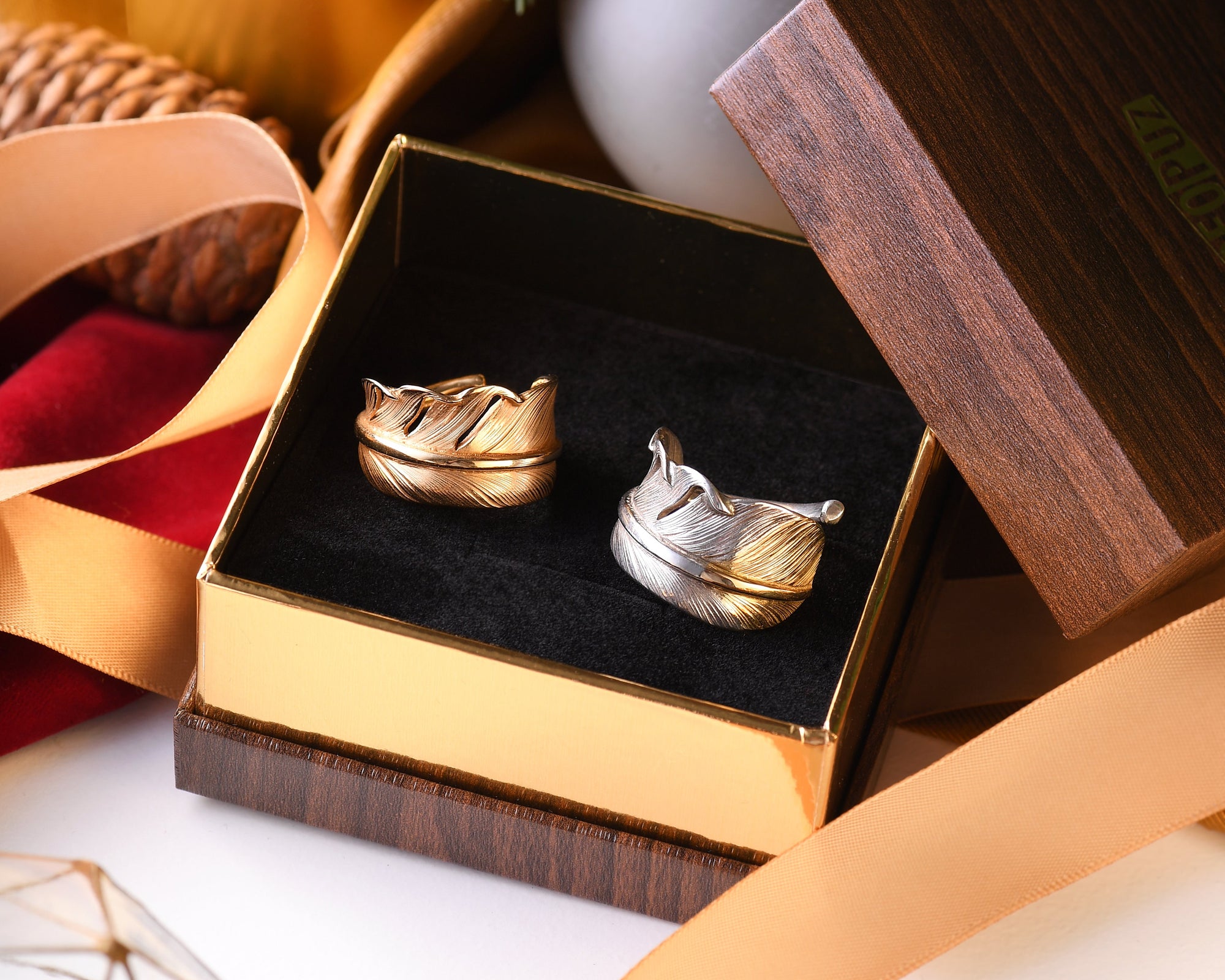 18K Tip Gold Silver Feather Ring L