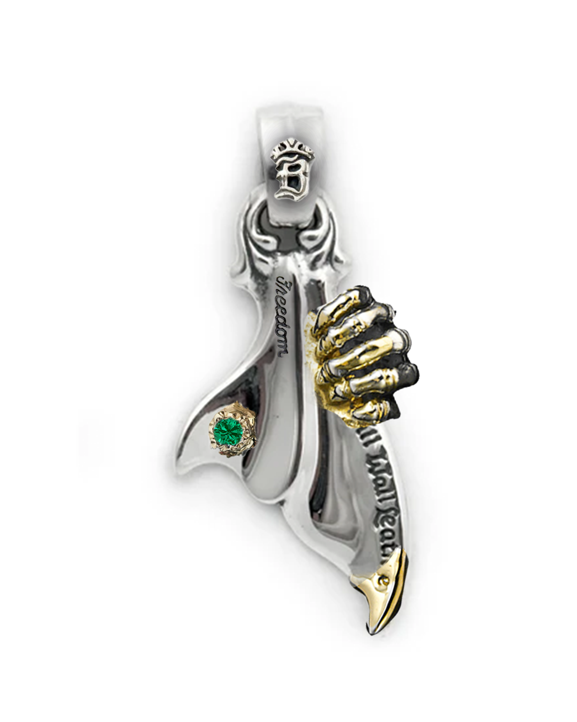 *Custom Made* PN957 Medium Whale Tail Pendant Custom w/B-Crown Silver Parts w/Creepy Hand Skull Silver Parts w/Freedom Stamp w/18K Gold Cap 4mm Stone Emerald w/3 Spots Gold Overlay