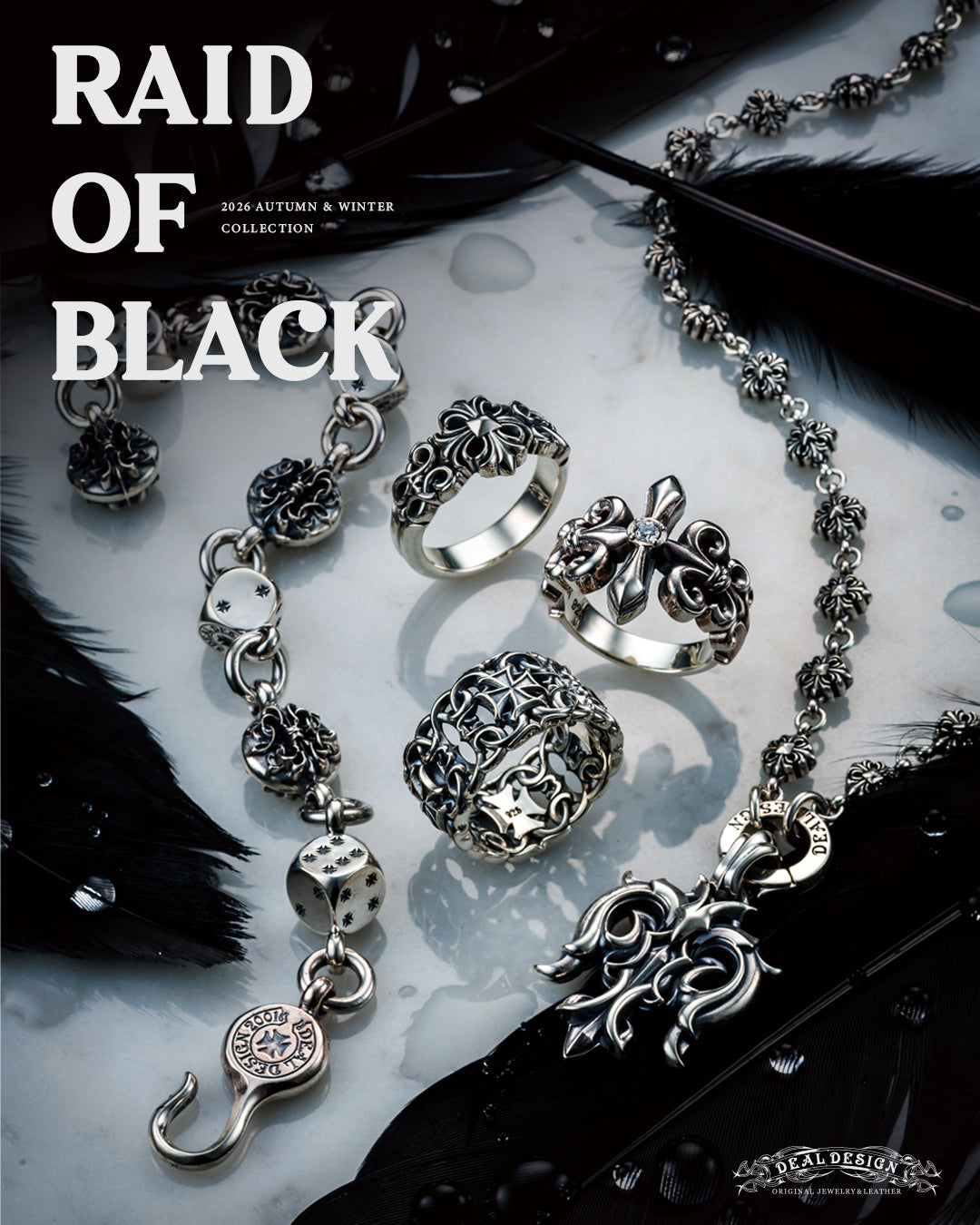 Deal Design 2026 Autumn / Winter Collection  'RAID OF BLACK' .A gothic jewelry collection display featuring silver-toned rings, chains, and charms.