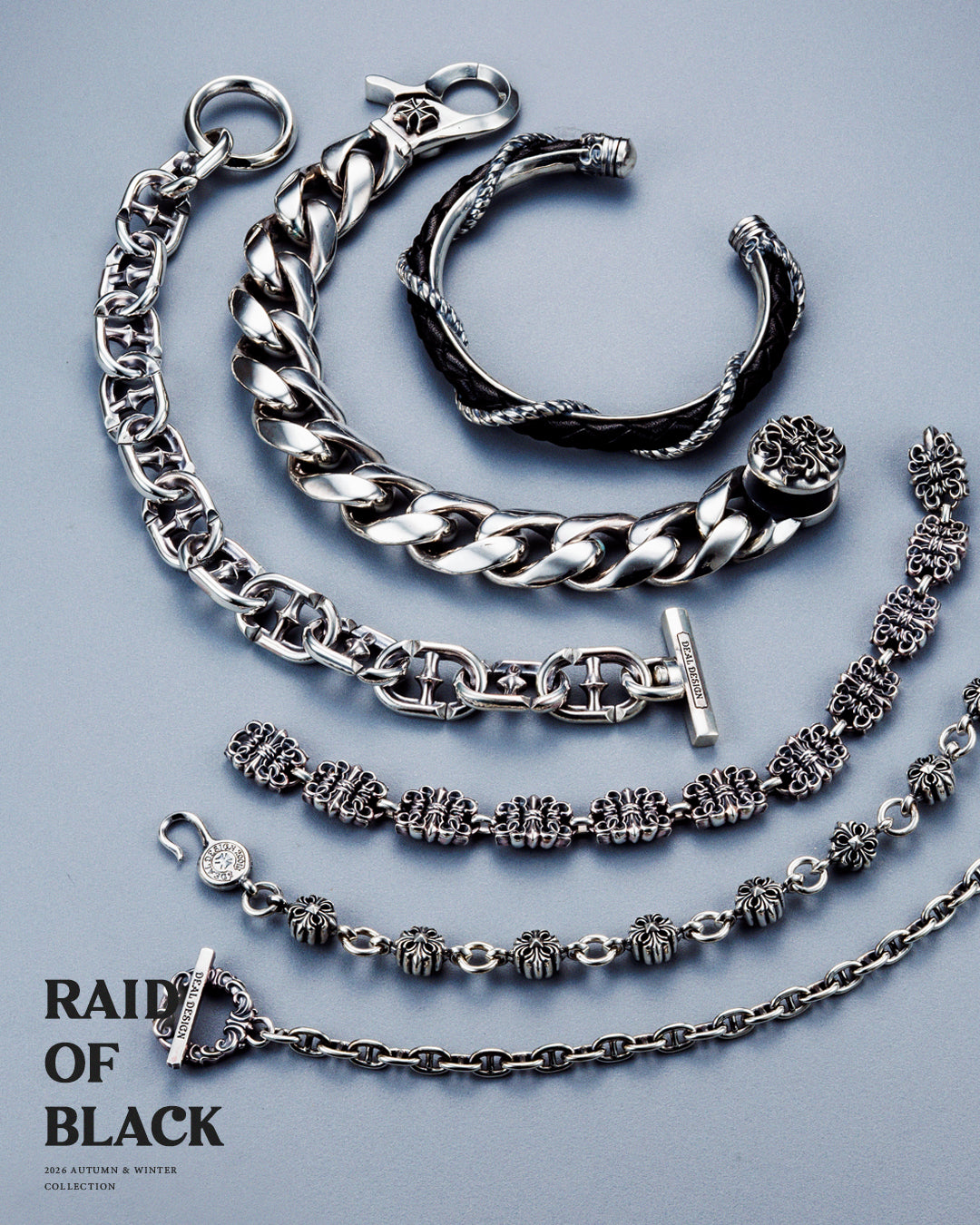 Deal Design 2026 Autumn / Winter New Bracelet Collection.Silver  chain and curb bracelets arranged on a light blue background