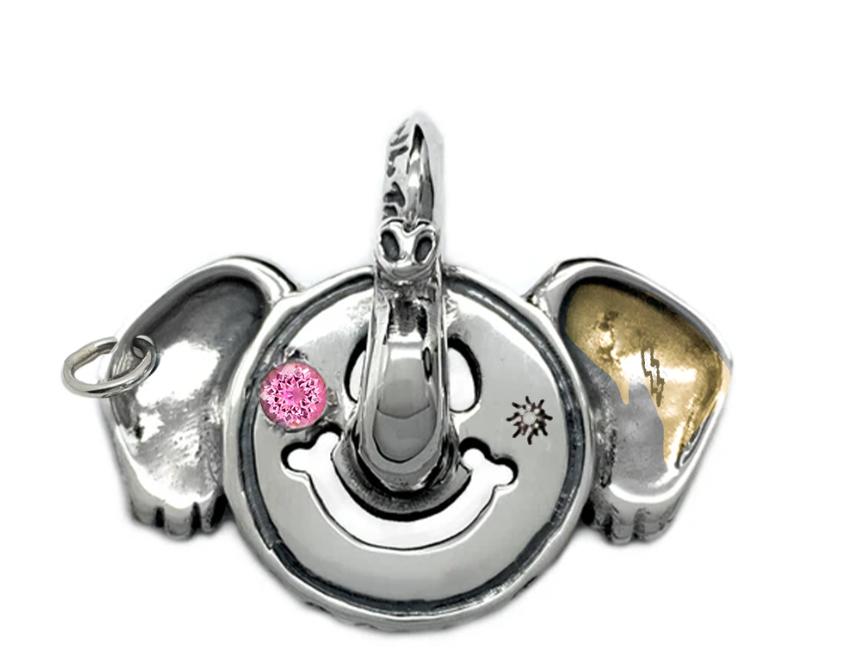 *CUSTOM MADE* C390C Elephant Happy Face Charm w/18K Gold Overlay w/4mm Pink Tourmaline Stone w/ Stamp Sun w/Silver Circle