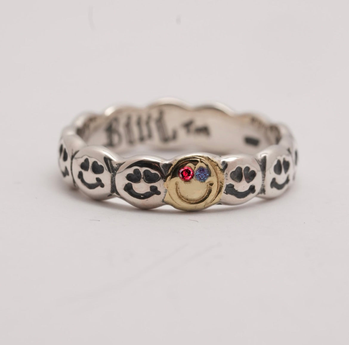 *Custom Made* R482 Happy Face with Double Heart Eyes Ring w/ 1 Spots Gold Overlay w/ 2 Stones