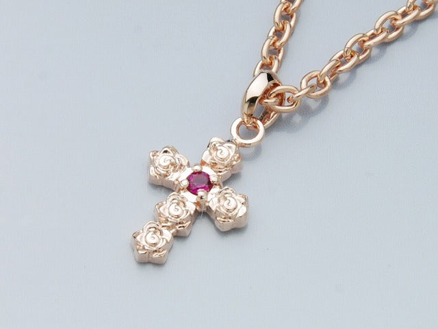 Rose Cross Necklace : Pink Gold Plating