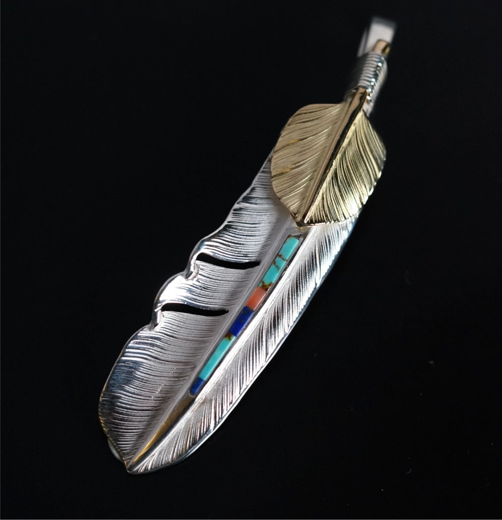 高瀬豪太 Sunshine Studio - 上 18K 金鑲松石純銀羽毛吊墜L_右向_1