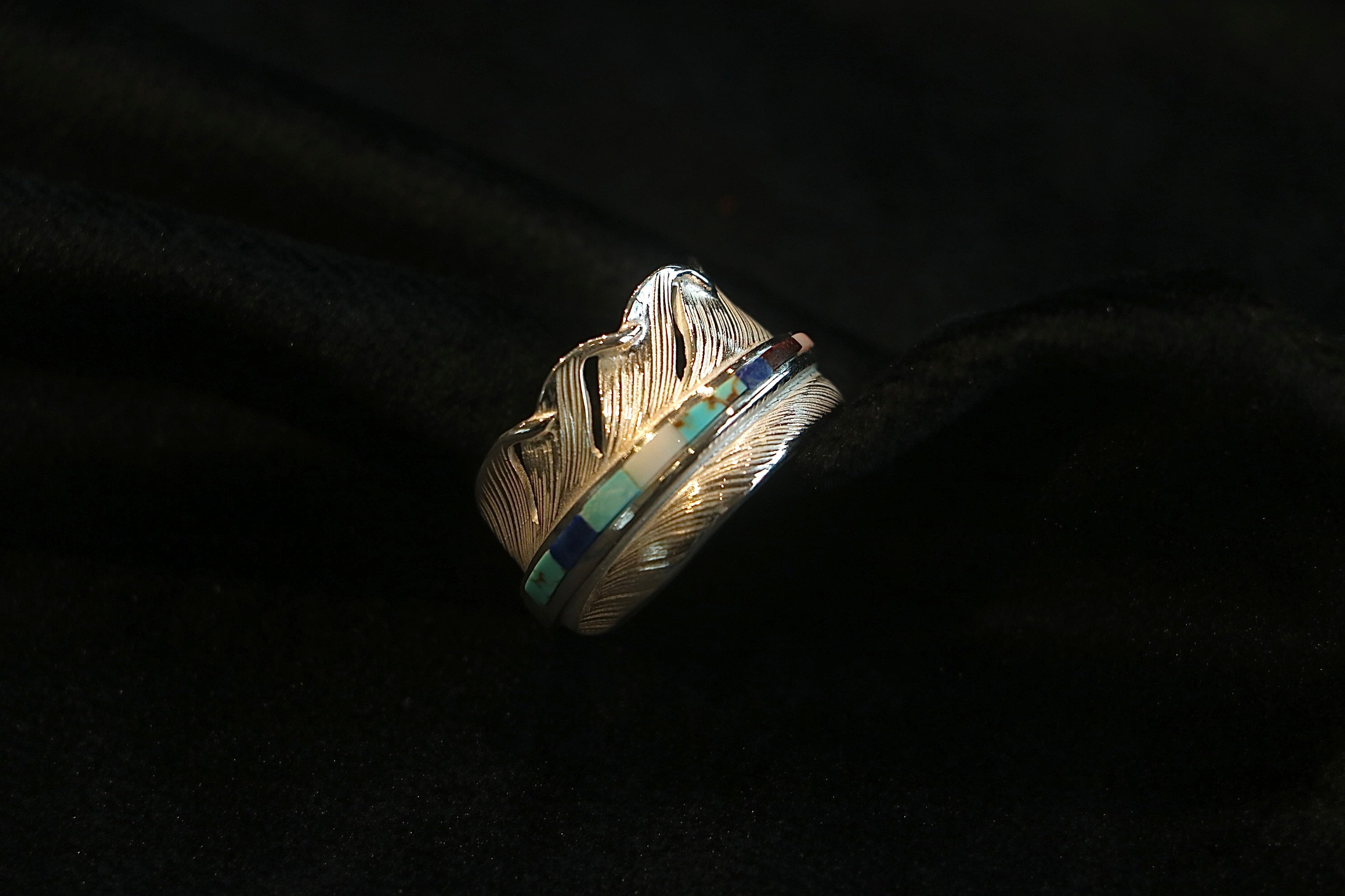 Silver Feather Ring L Turquoise Inlay