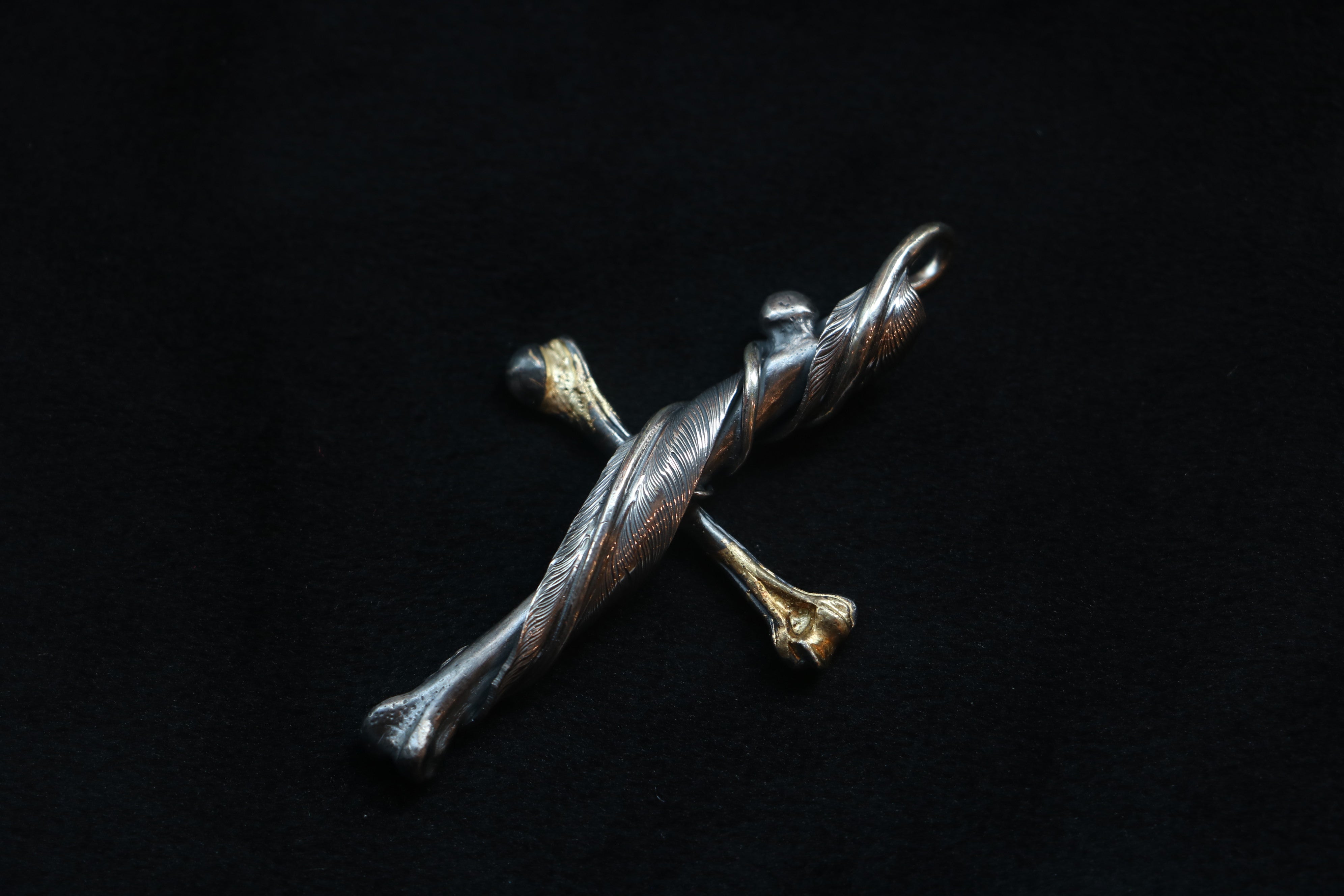 18K Braze Bone and Feather Cross Pendant