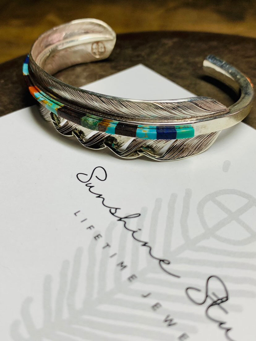 Silver Feather Bangle Turquoise Inlay