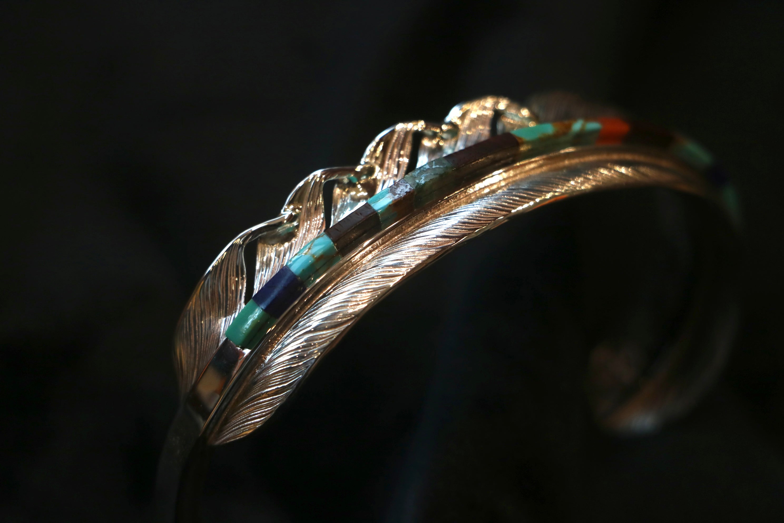 Silver Feather Bangle Turquoise Inlay
