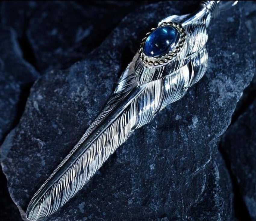 Nine Metal Top Silver 18K Gold Cup 風切 Feather Pendant w/ Blue Topaz