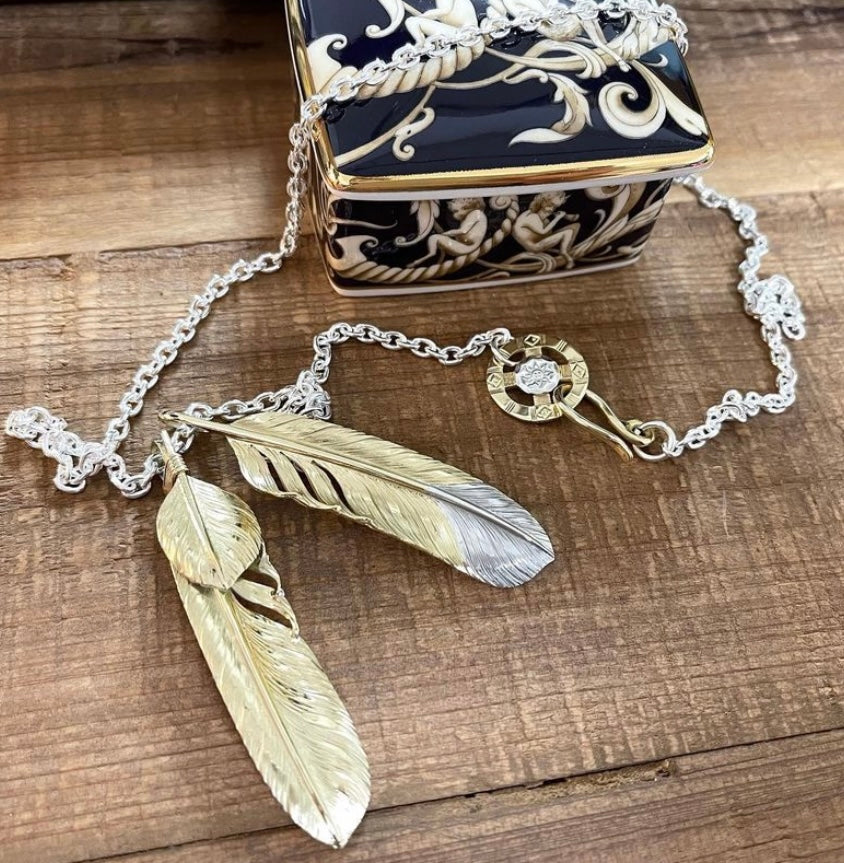 Albatory Tip Silver 18Kt Gold Feather Pendant L