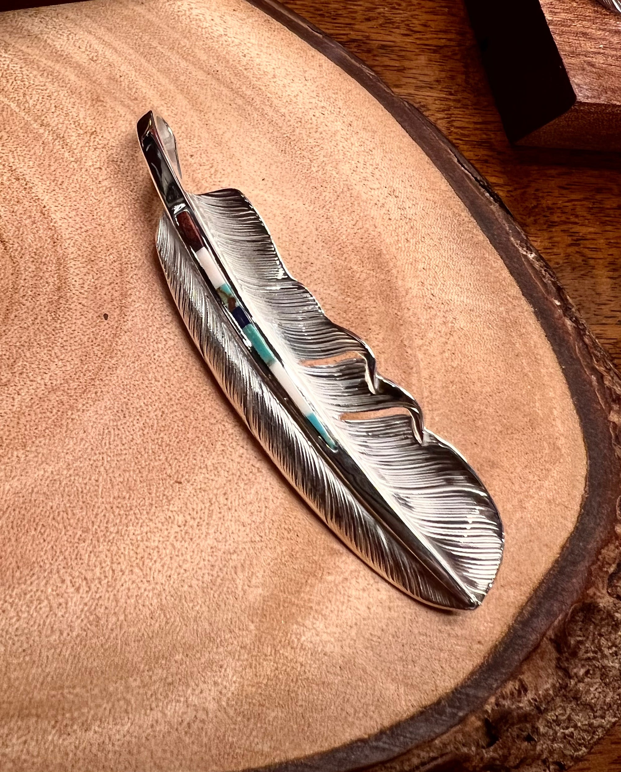 Sunshine Studio Silver Feather Pendant L / Turquoise Inlay
