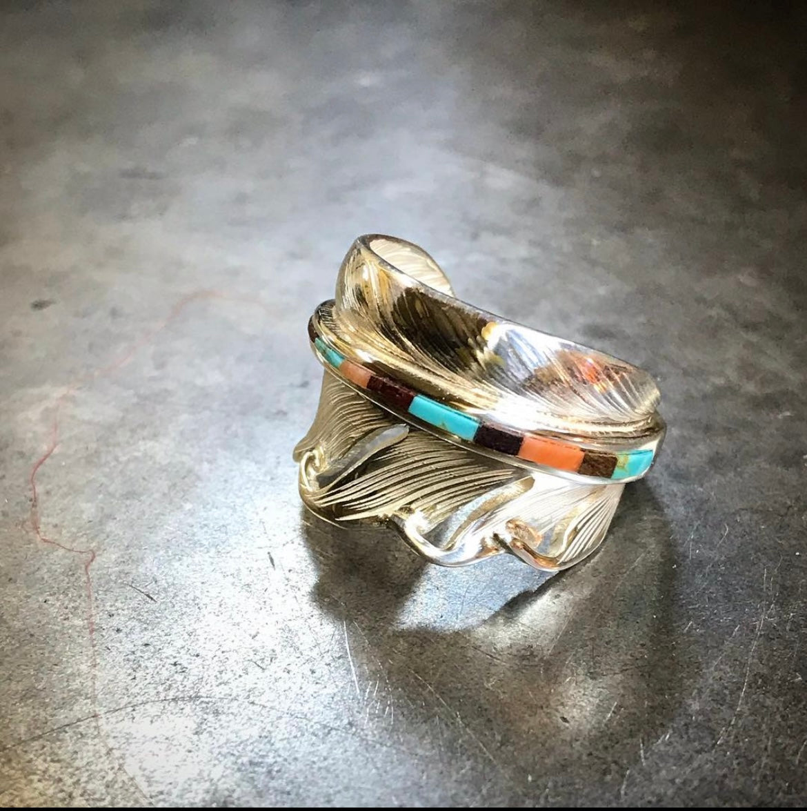 Silver Feather Ring L Turquoise Inlay