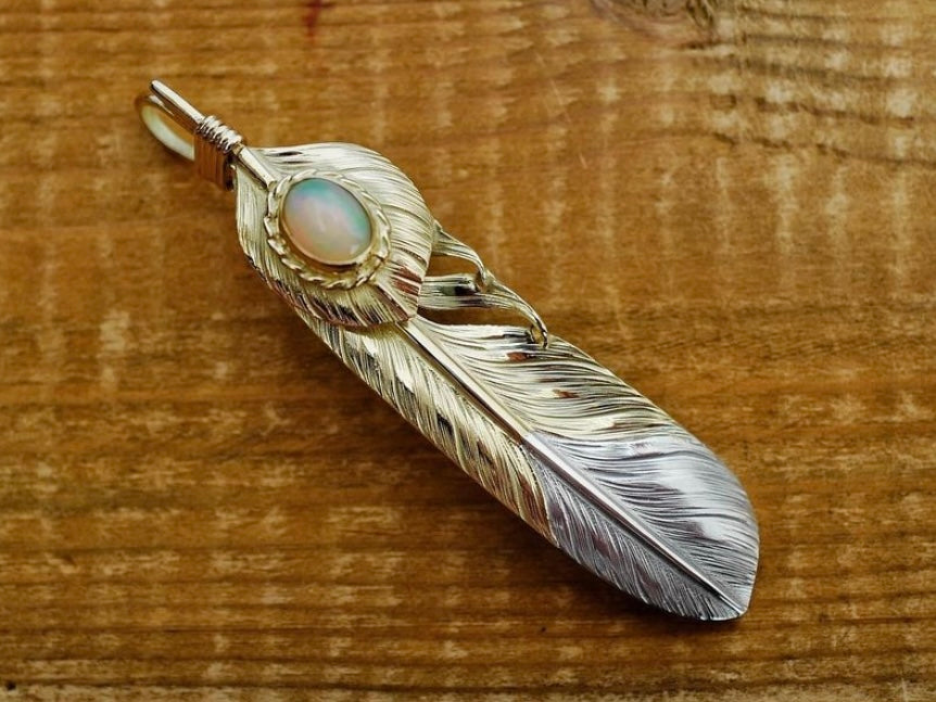 Albatory Top Gold Gold Cup Tip Silver Feather Pendant L w/ Opal