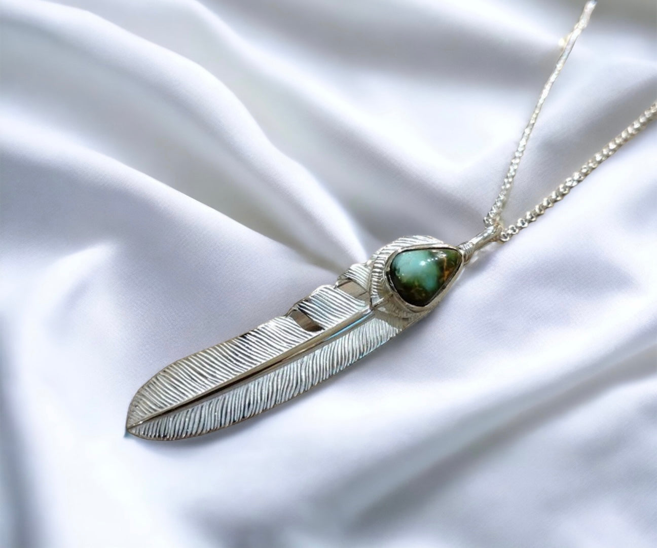 Silver Dollar Craft Top Silver Feather Pendant w/ Royston Turquoise